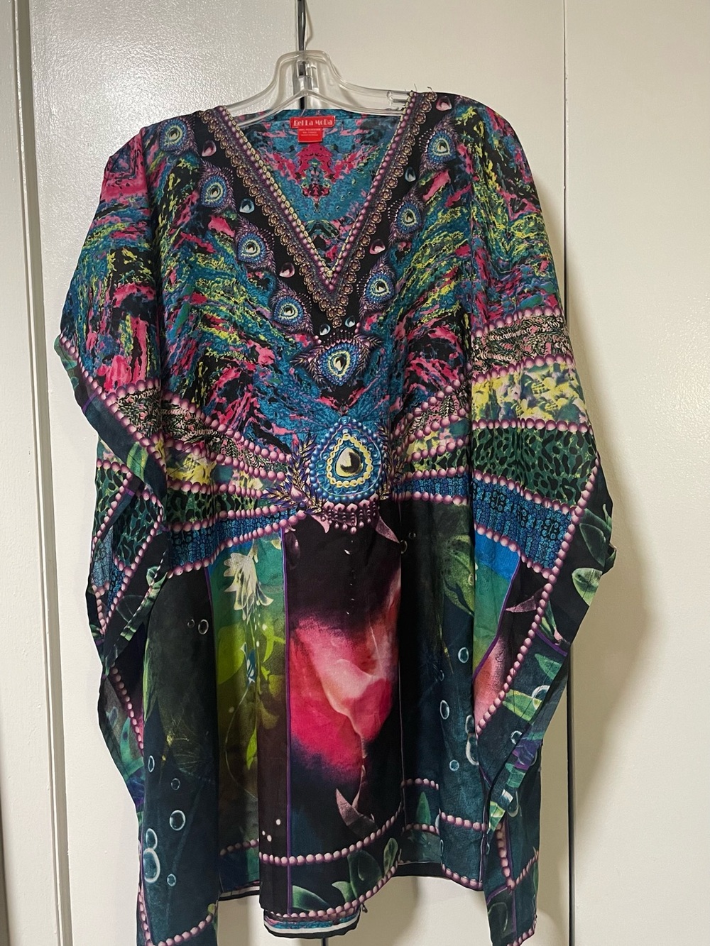 Bella Moda Multicolor V-Neck Boho Kaftan Dress - Pink, Blue & Green